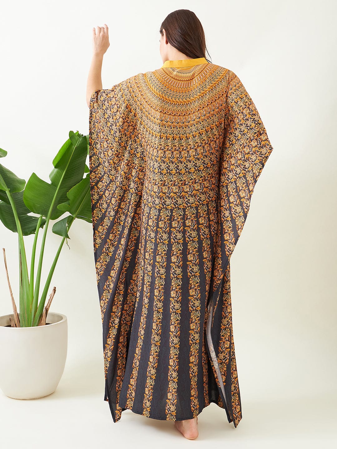 The Kaftan Company Kaftan Black and Mustard Floral Strokes Kaftan