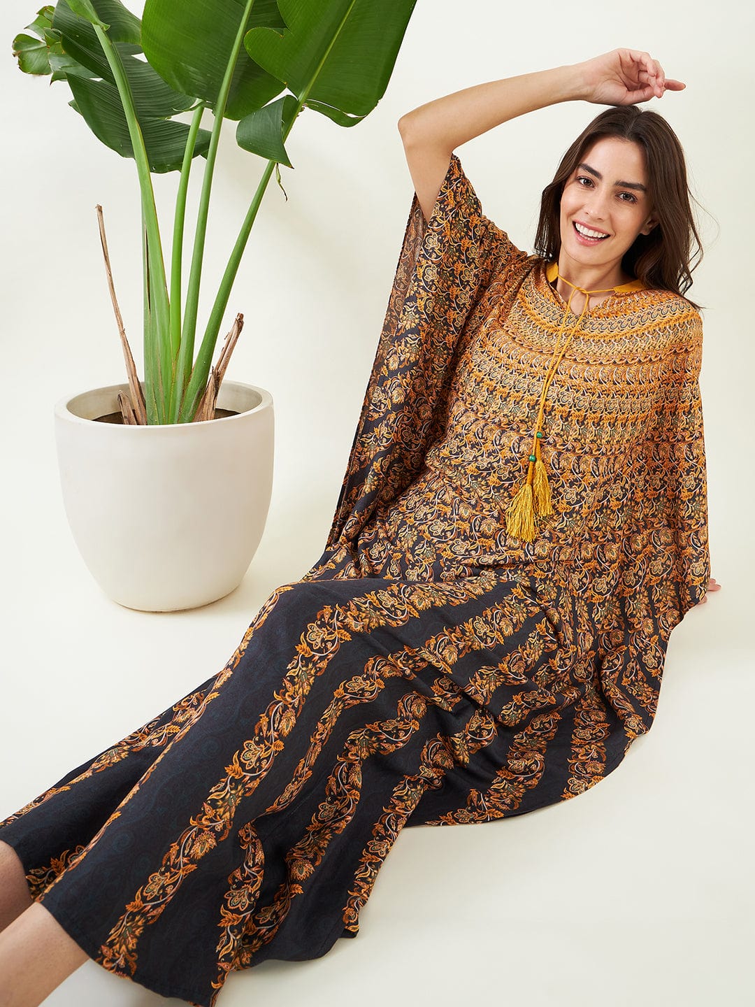 The Kaftan Company Kaftan Black and Mustard Floral Strokes Kaftan