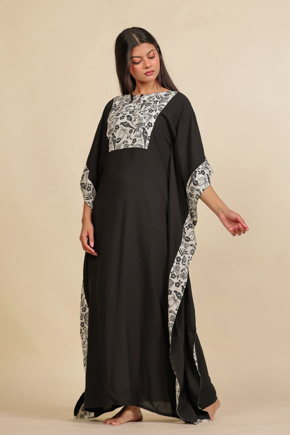 The Kaftan Company Kaftan Black and White Floral Printed Modal Kaftan Nighty