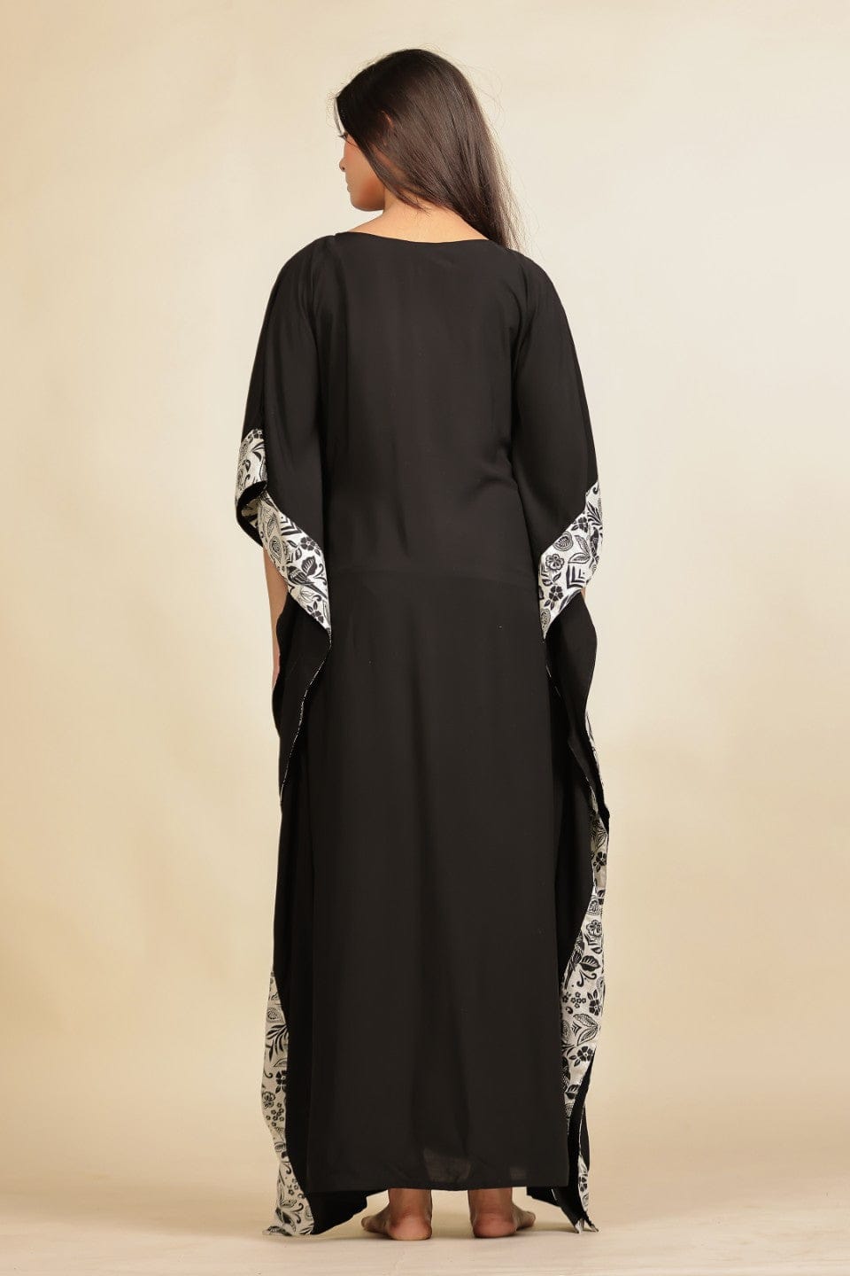 The Kaftan Company Kaftan Black and White Floral Printed Modal Kaftan Nighty