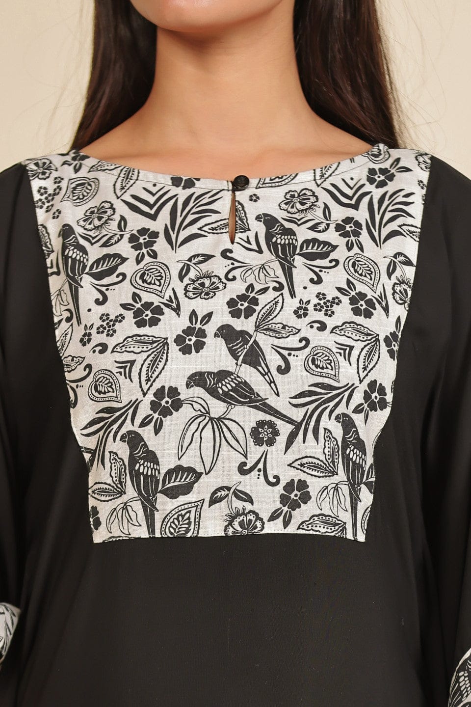 The Kaftan Company Kaftan Black and White Floral Printed Modal Kaftan Nighty