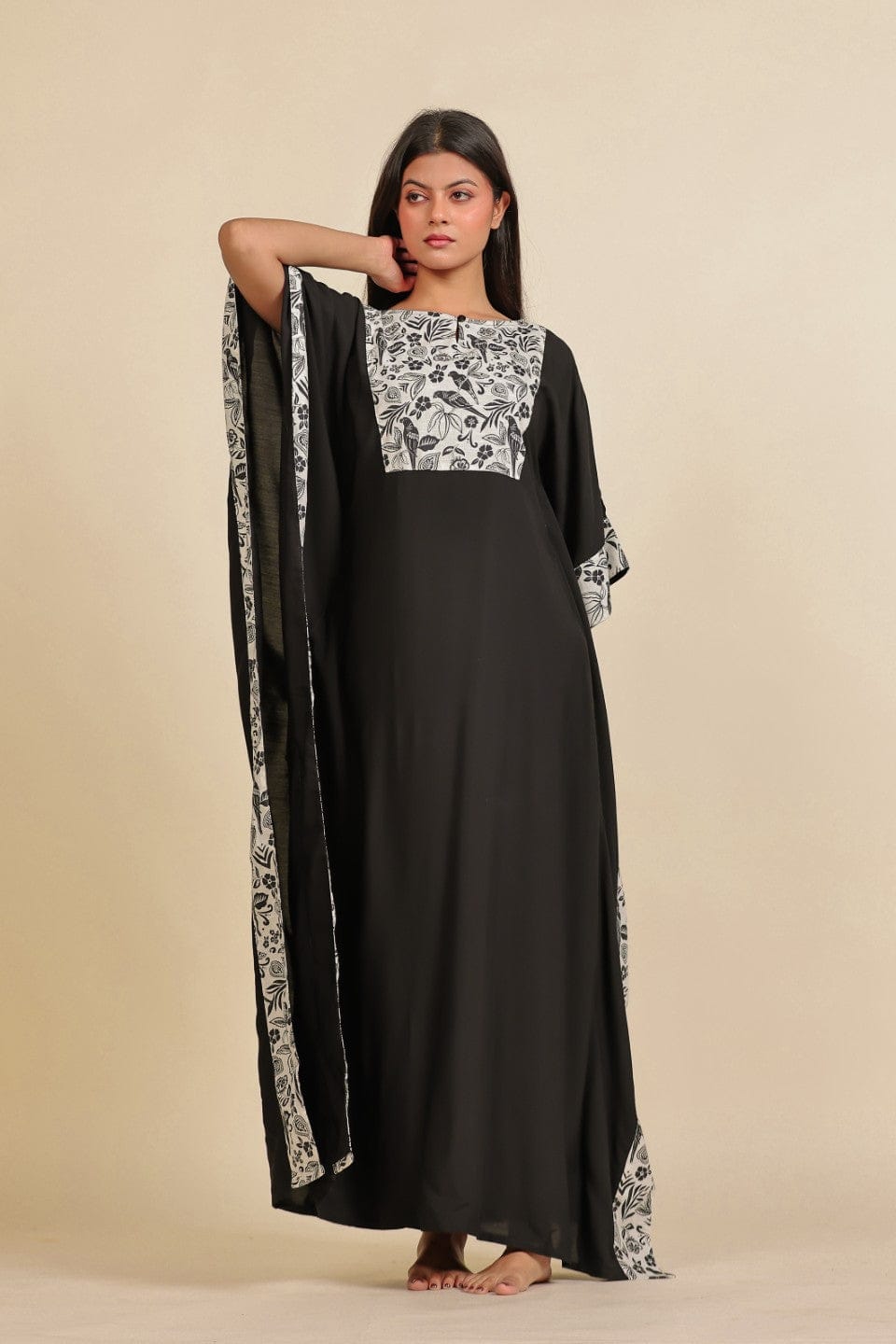 The Kaftan Company Kaftan Black and White Floral Printed Modal Kaftan Nighty
