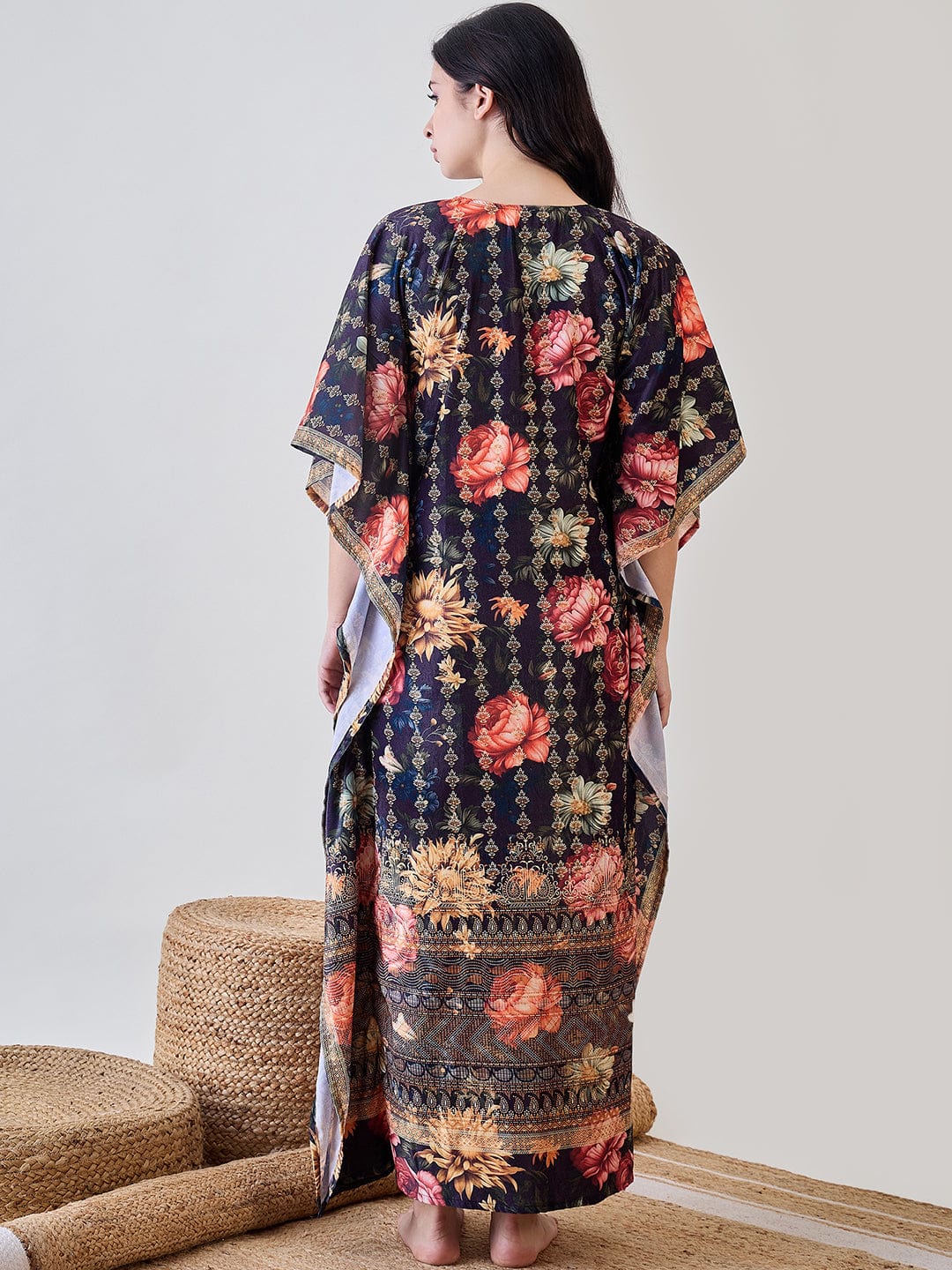 The Kaftan Company Kaftan Black Floral Garden Velvet Night Wear Kaftan