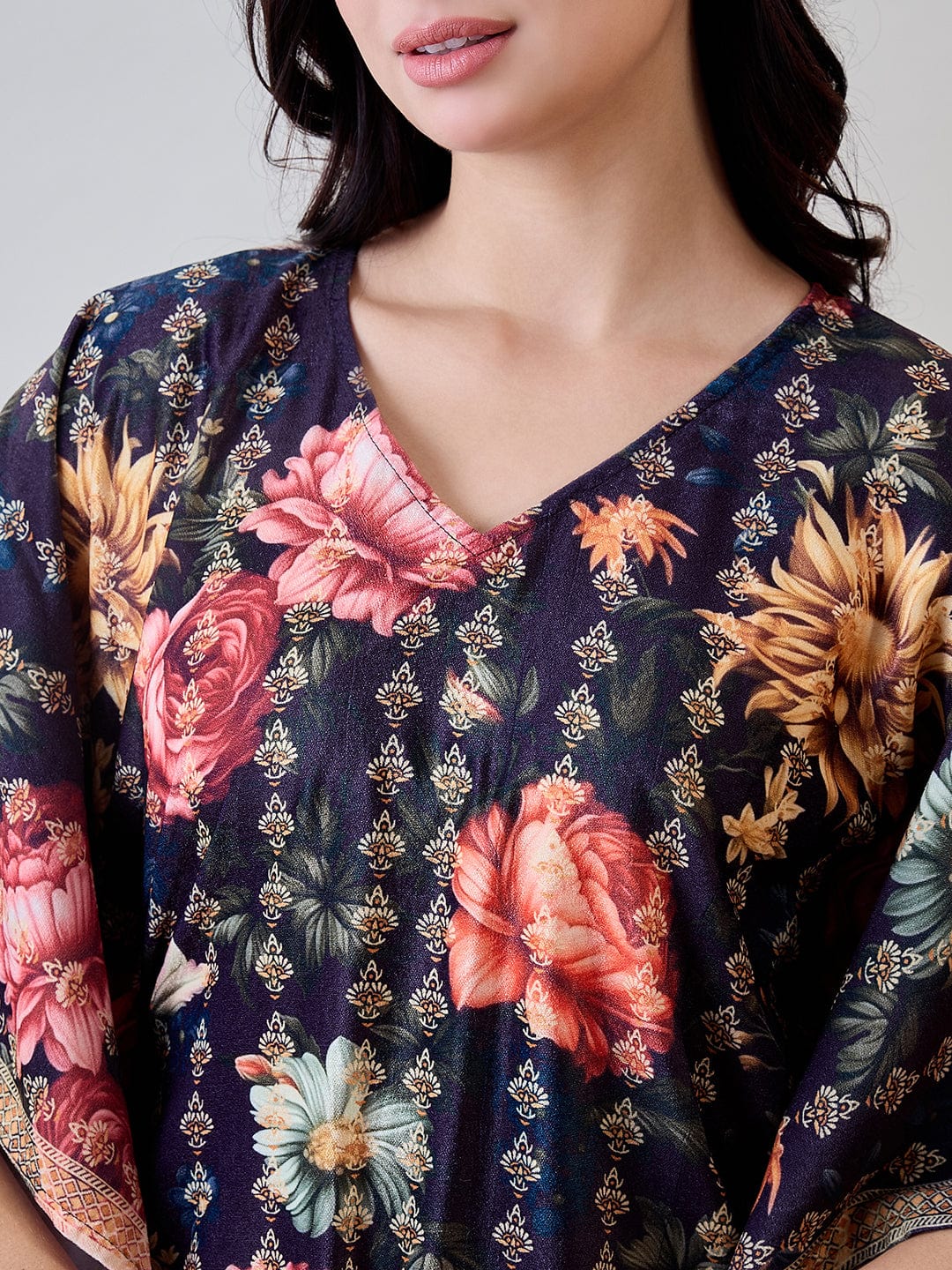 The Kaftan Company Kaftan Black Floral Garden Velvet Night Wear Kaftan