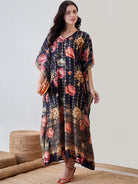 The Kaftan Company Kaftan Black Floral Garden Velvet Night Wear Kaftan