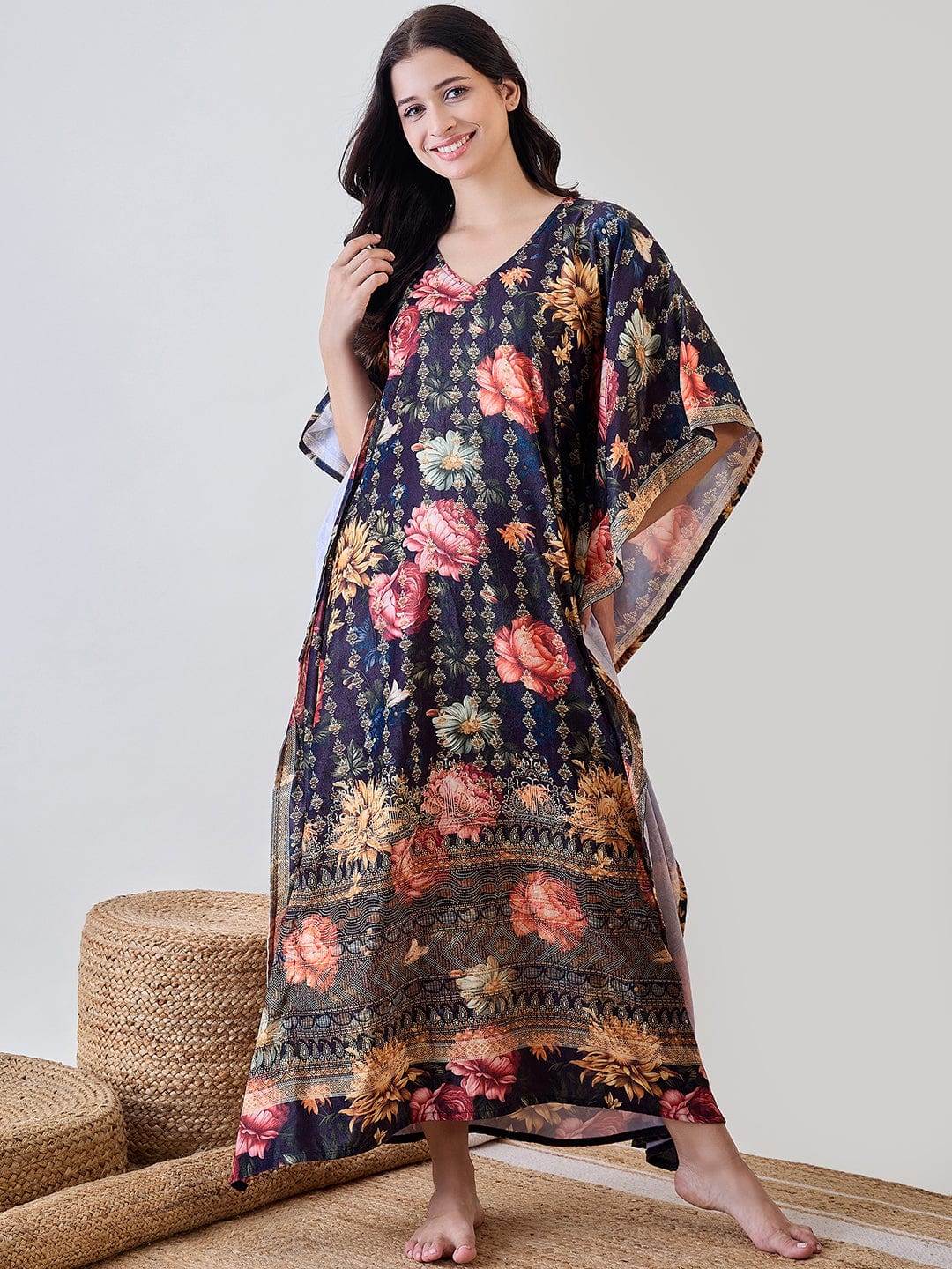 The Kaftan Company Kaftan Black Floral Garden Velvet Night Wear Kaftan
