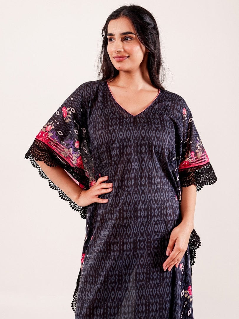 The Kaftan Company Kaftan Black Floral Printed Cotton Loungewear Kaftan