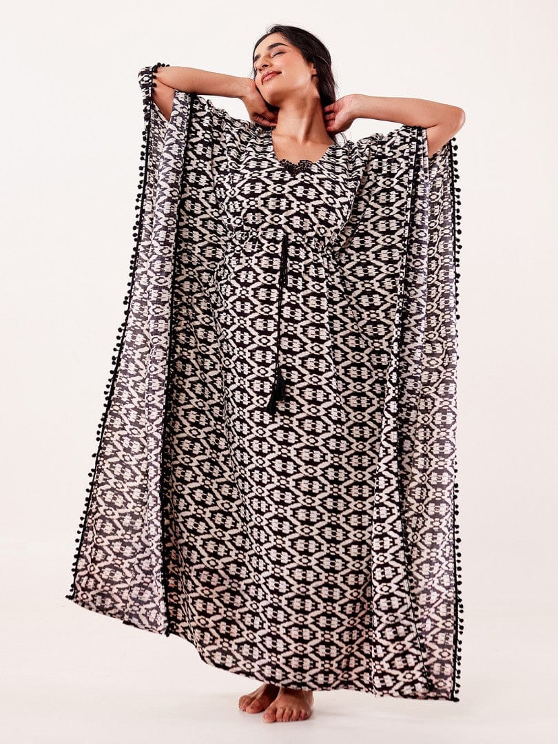 The Kaftan Company Kaftan Black & Ivory Ikat Printed Cotton Loungewear Kaftan