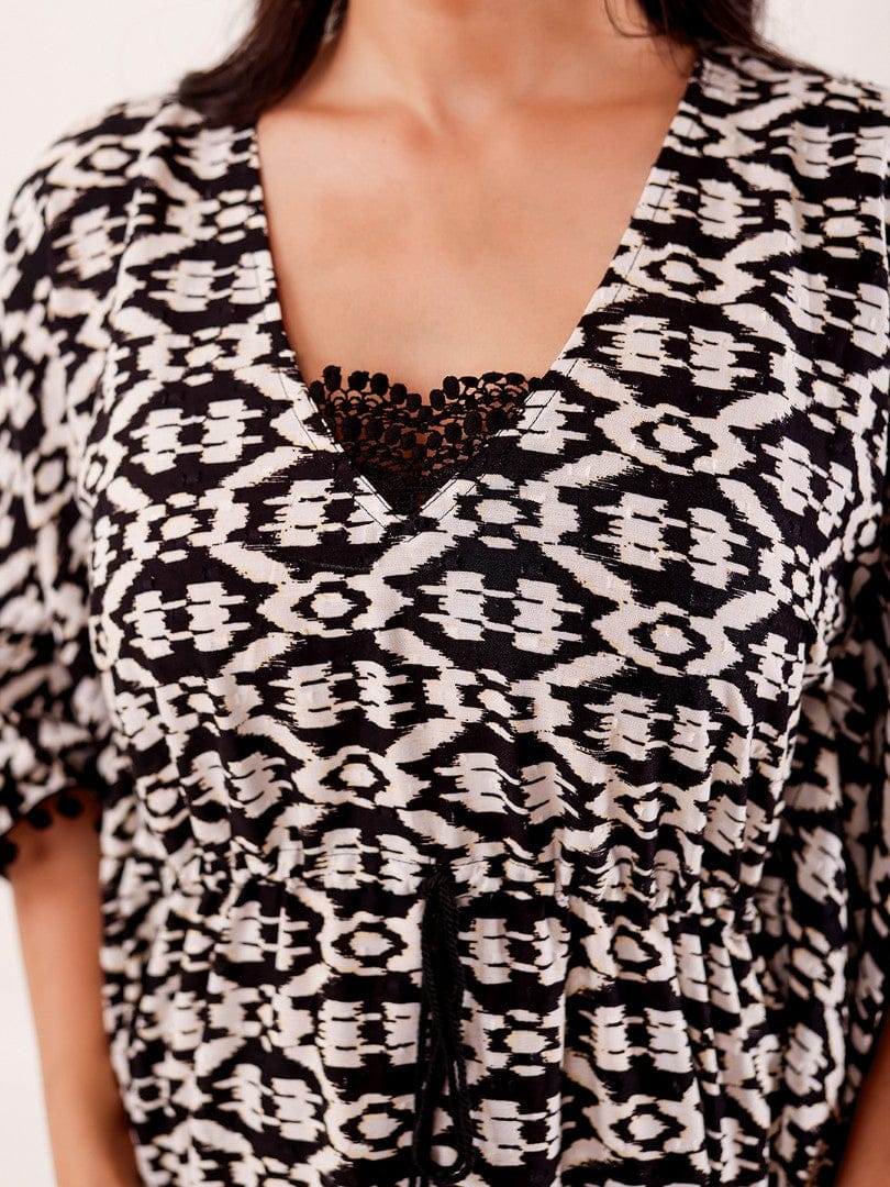 The Kaftan Company Kaftan Black & Ivory Ikat Printed Cotton Loungewear Kaftan
