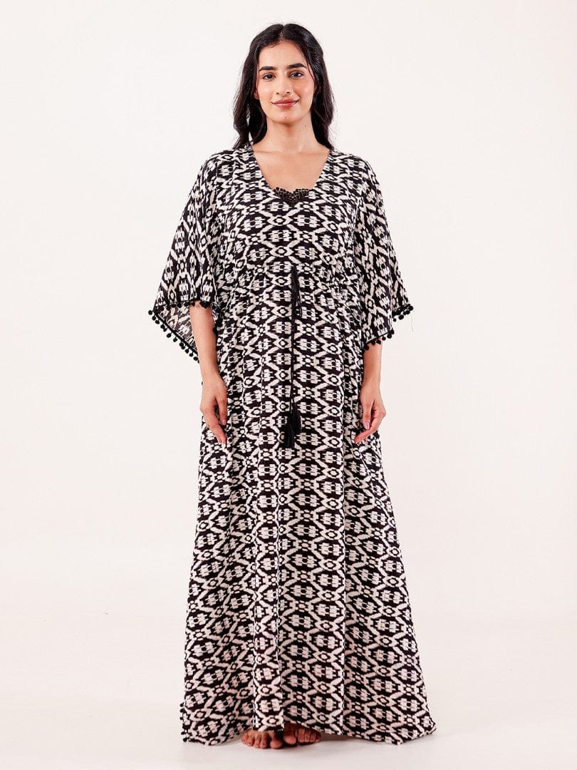 The Kaftan Company Kaftan Black & Ivory Ikat Printed Cotton Loungewear Kaftan