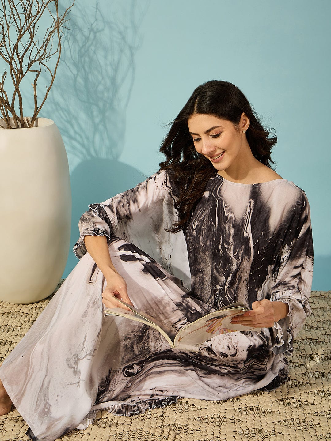 The Kaftan Company Kaftan Black Marble Print Super Soft Kaftan