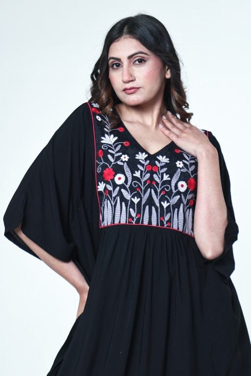 The Kaftan Company Kaftan Black Modal Loungewear Kaftan with Embroidered Floral Yoke