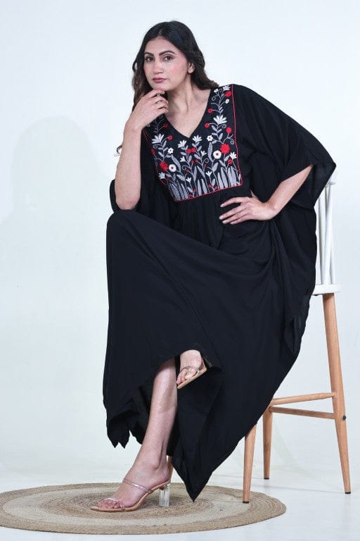 The Kaftan Company Kaftan Black Modal Loungewear Kaftan with Embroidered Floral Yoke