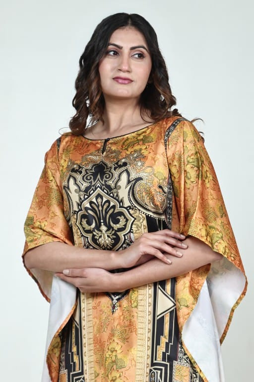The Kaftan Company Kaftan Black & Mustard Ornate Printed Satin Kaftan with Pockets