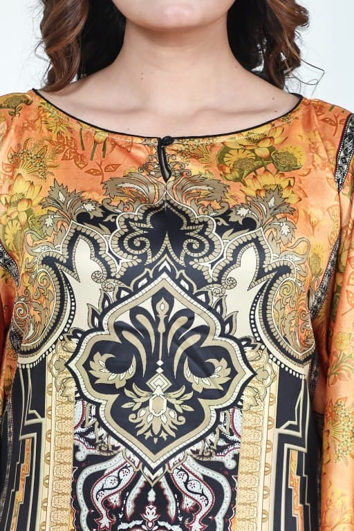 The Kaftan Company Kaftan Black & Mustard Ornate Printed Satin Kaftan with Pockets
