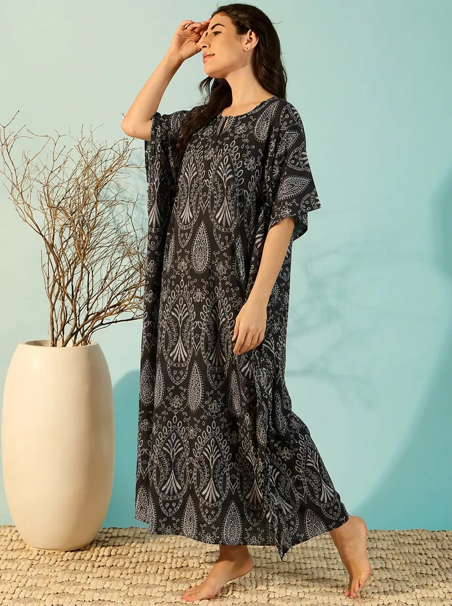 The Kaftan Company Kaftan Black Ornamental Print Cotton Kaftan with Round Neck