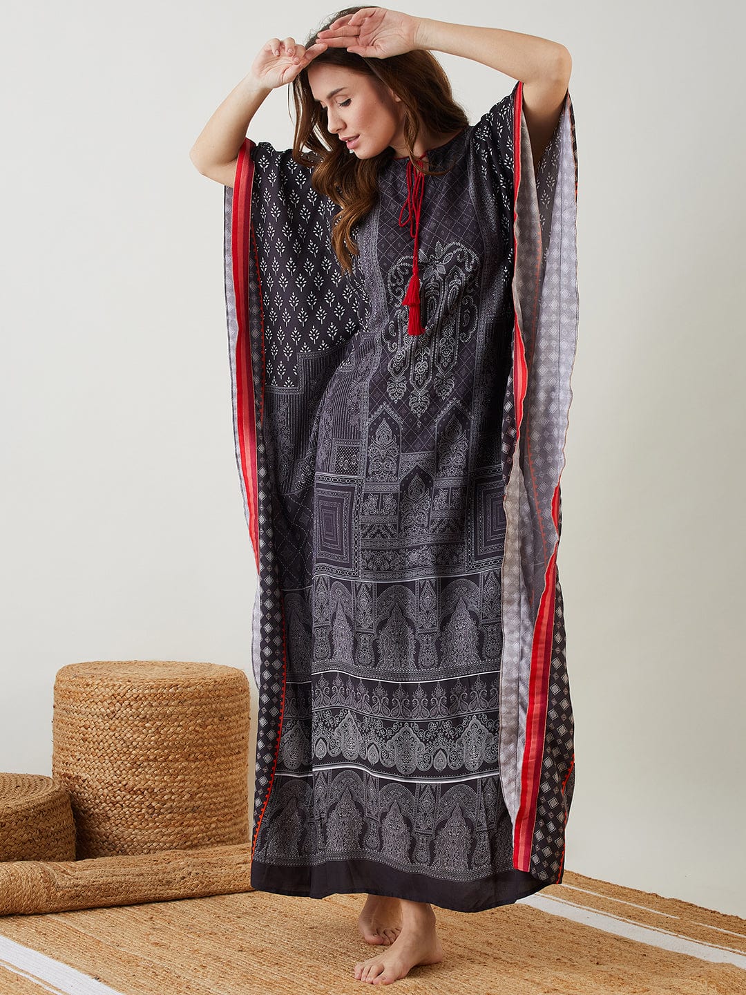 The Kaftan Company Kaftan Black & Red Block Printed Kaftan
