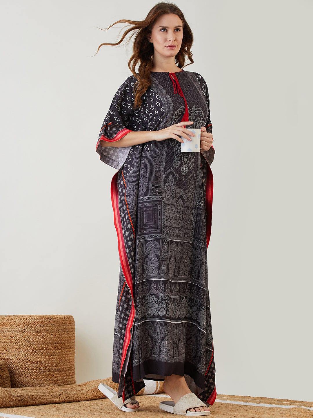 The Kaftan Company Kaftan Black & Red Block Printed Kaftan