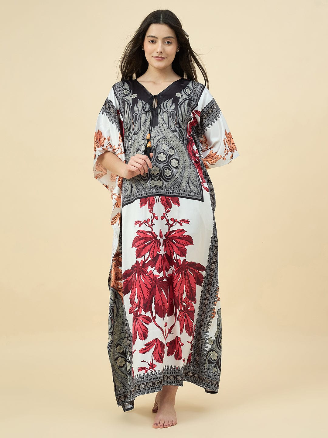 The Kaftan Company Kaftan Black & Red Printed Satin Kaftan – Luxe Feel with Pockets
