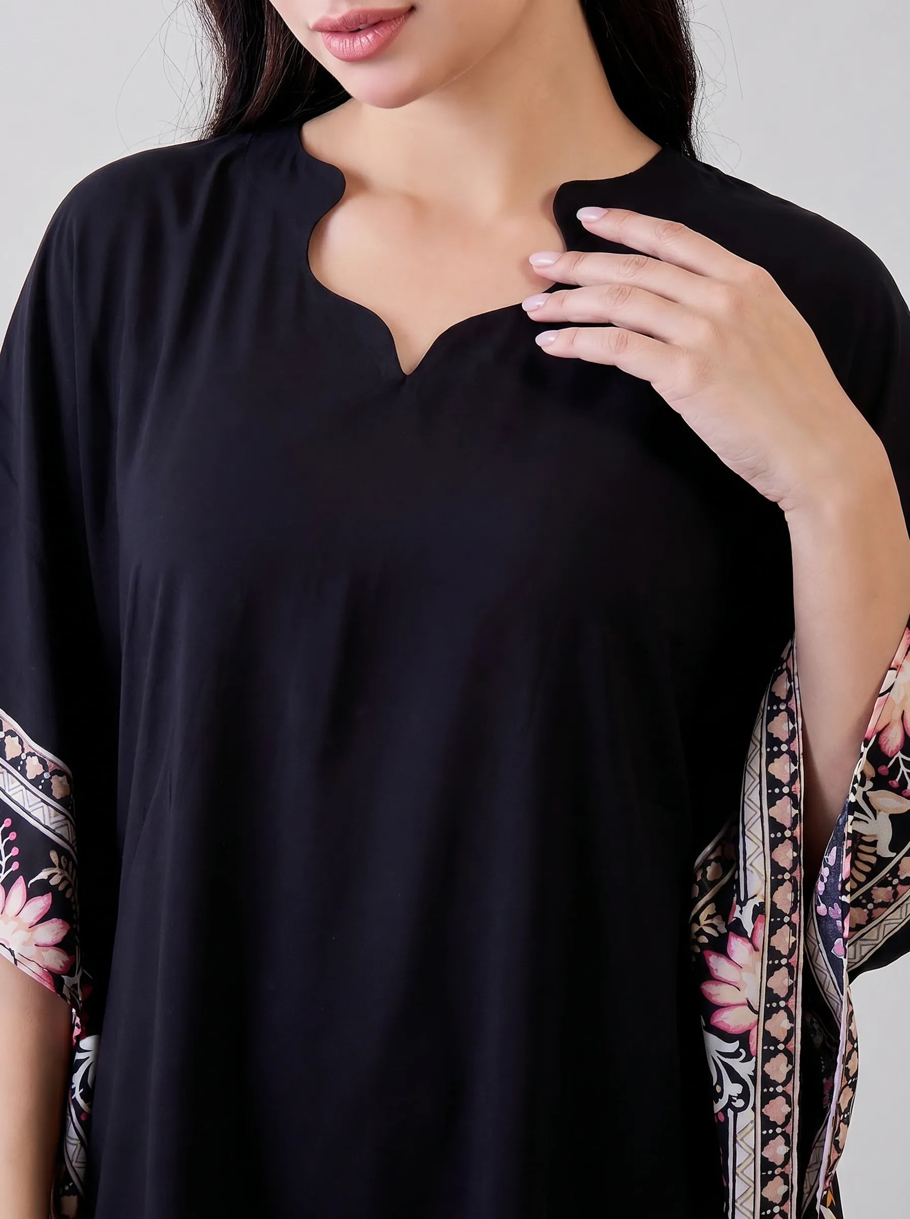 The Kaftan Company Kaftan Black Solid Modal Kaftan with Floral Border Panels