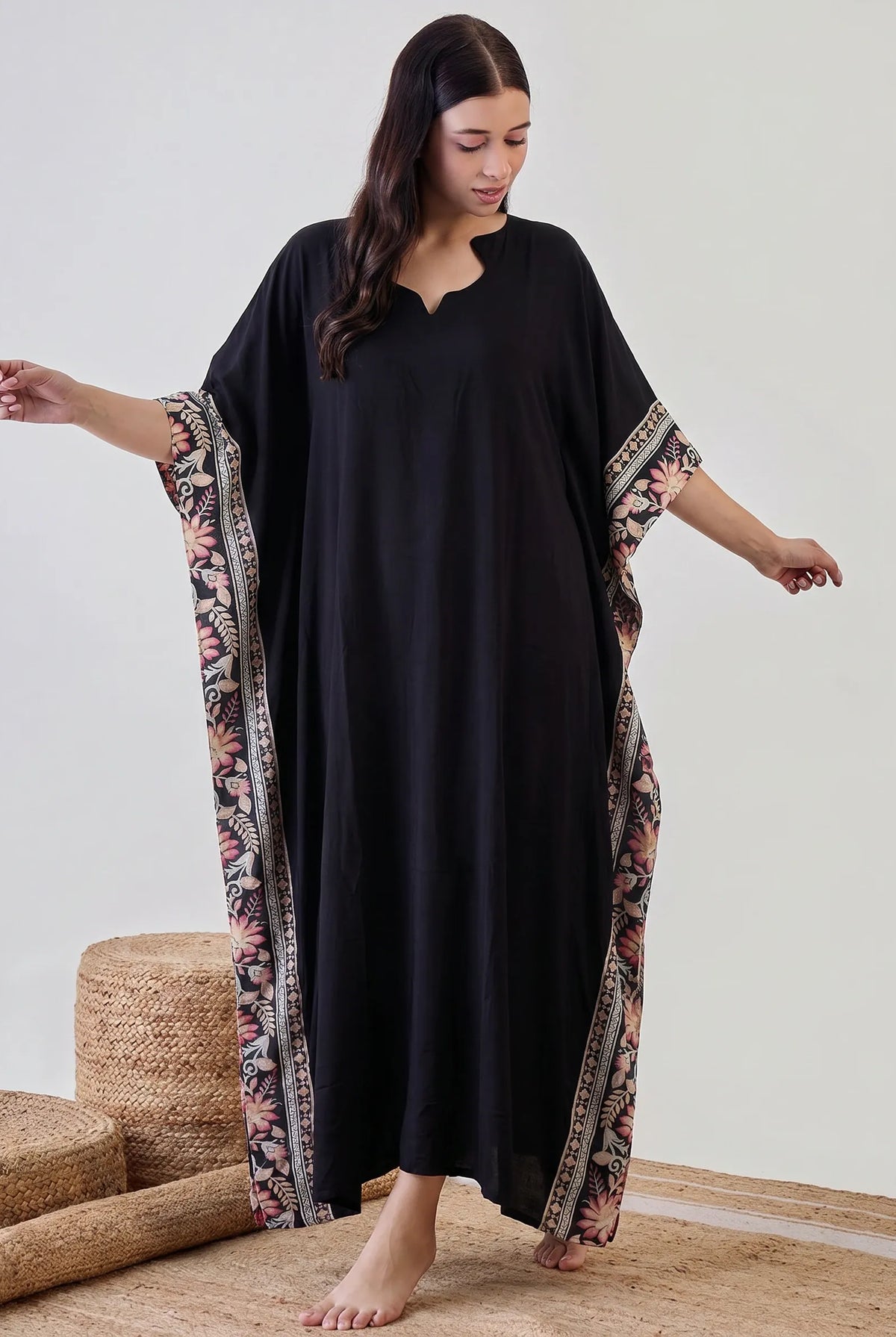 The Kaftan Company Kaftan Black Solid Modal Kaftan with Floral Border Panels