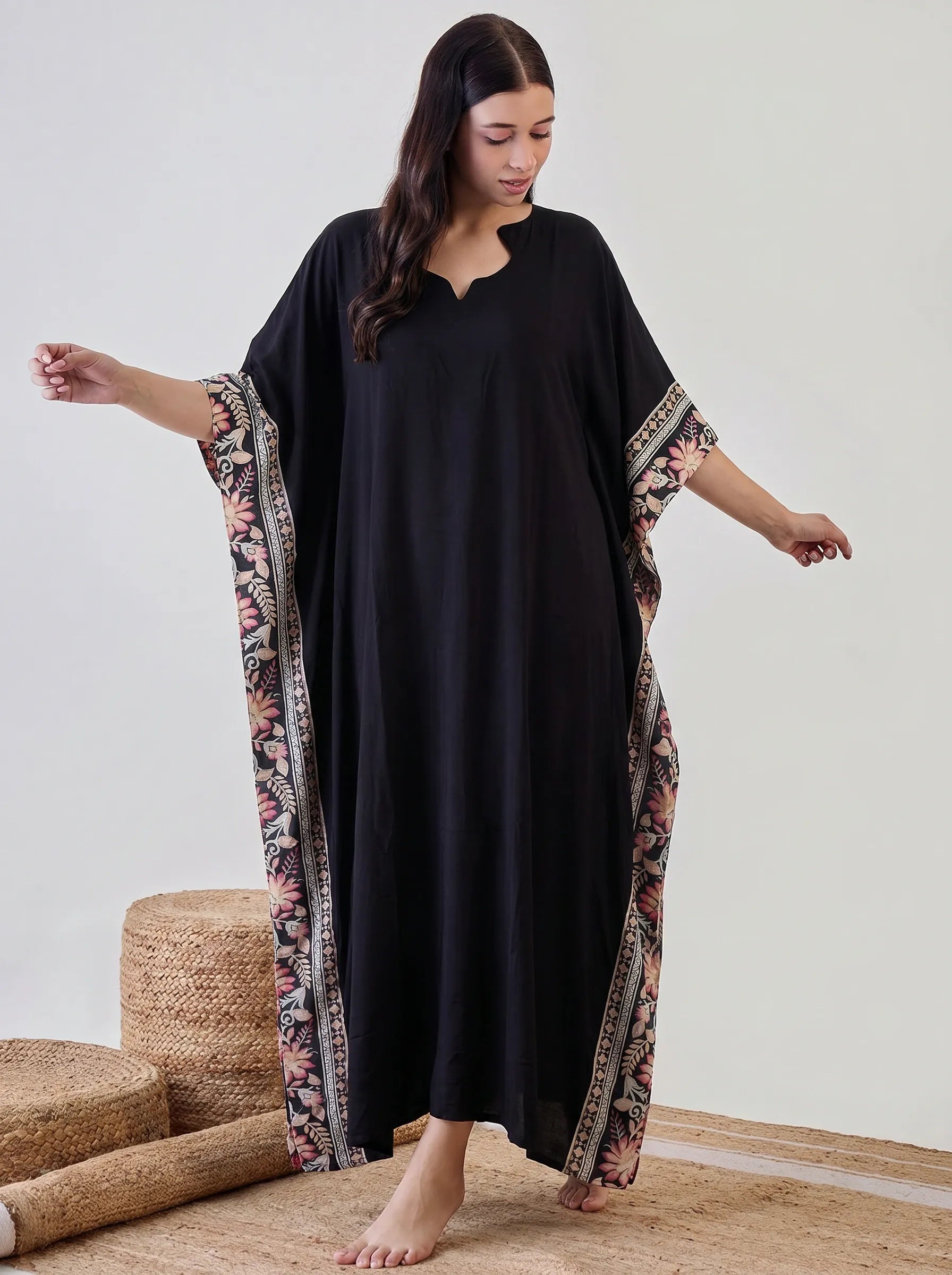 The Kaftan Company Kaftan Black Solid Modal Kaftan with Floral Border Panels