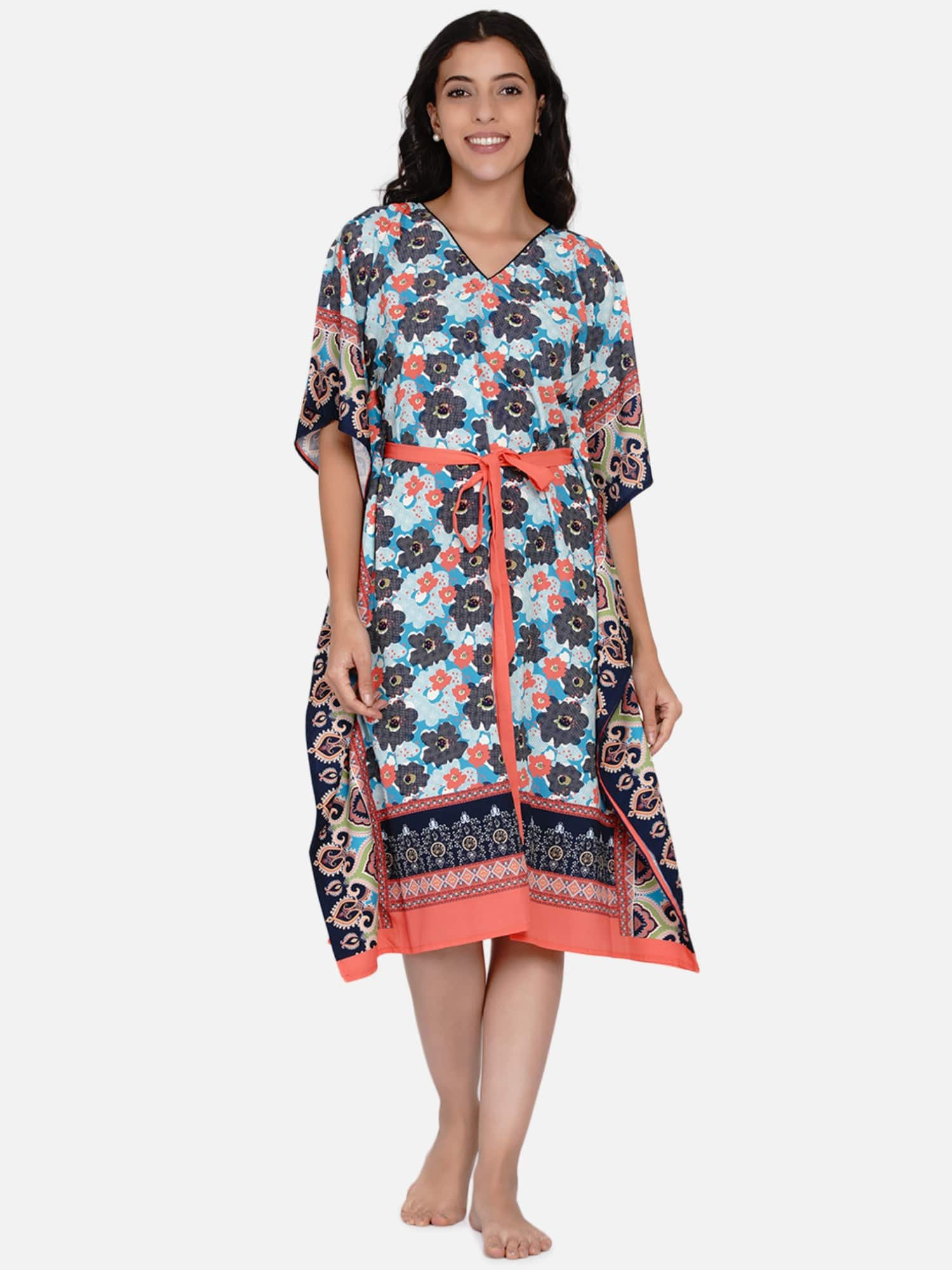The Kaftan Company Kaftan Blue and Red Paneled Floral Print Kaftan - (Clearance - Final Sale)