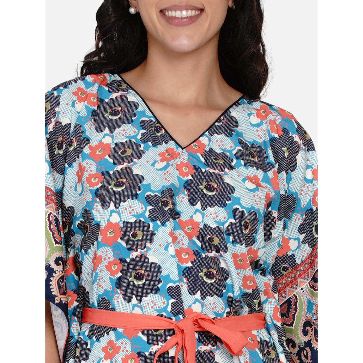 The Kaftan Company Kaftan Blue and Red Paneled Floral Print Kaftan - (Clearance - Final Sale)