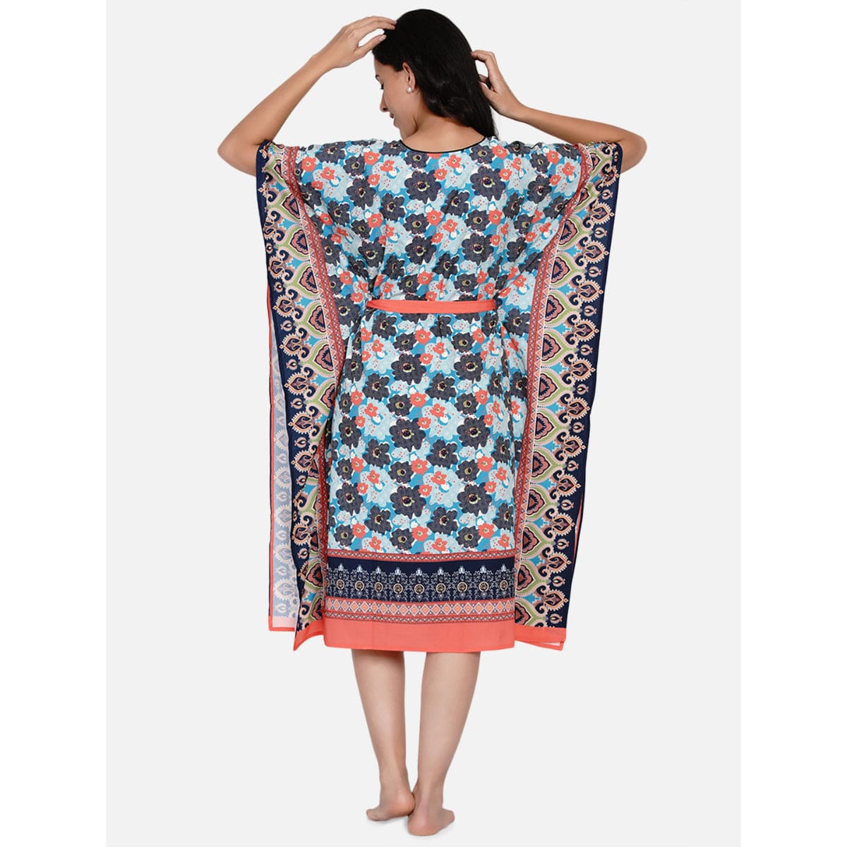 The Kaftan Company Kaftan Blue and Red Paneled Floral Print Kaftan - (Clearance - Final Sale)