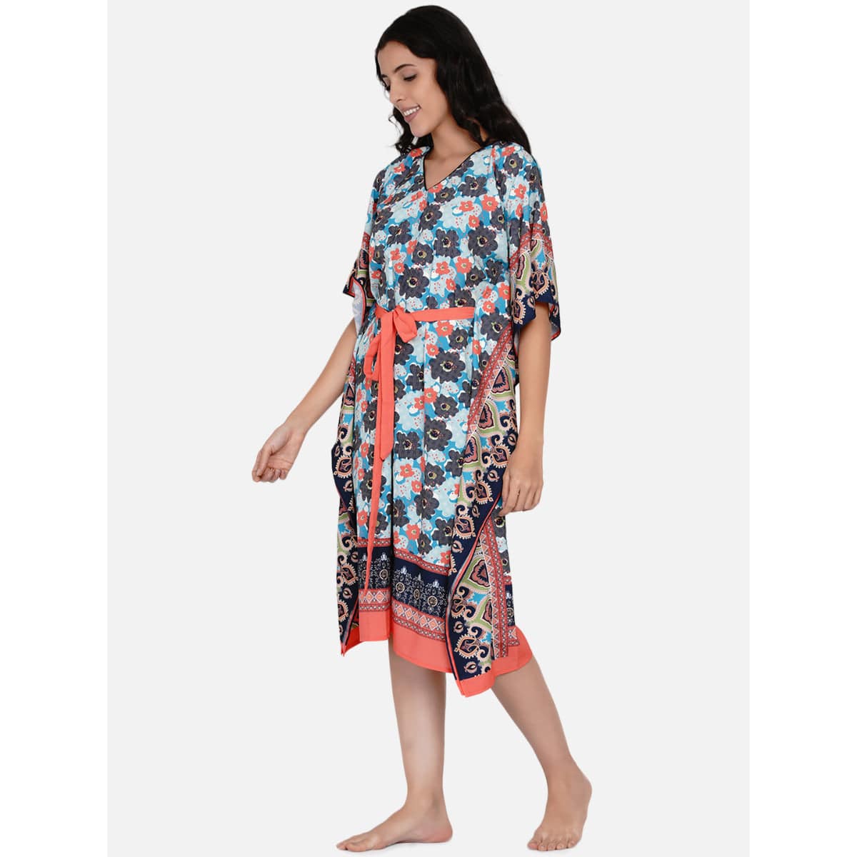 The Kaftan Company Kaftan Blue and Red Paneled Floral Print Kaftan - (Clearance - Final Sale)