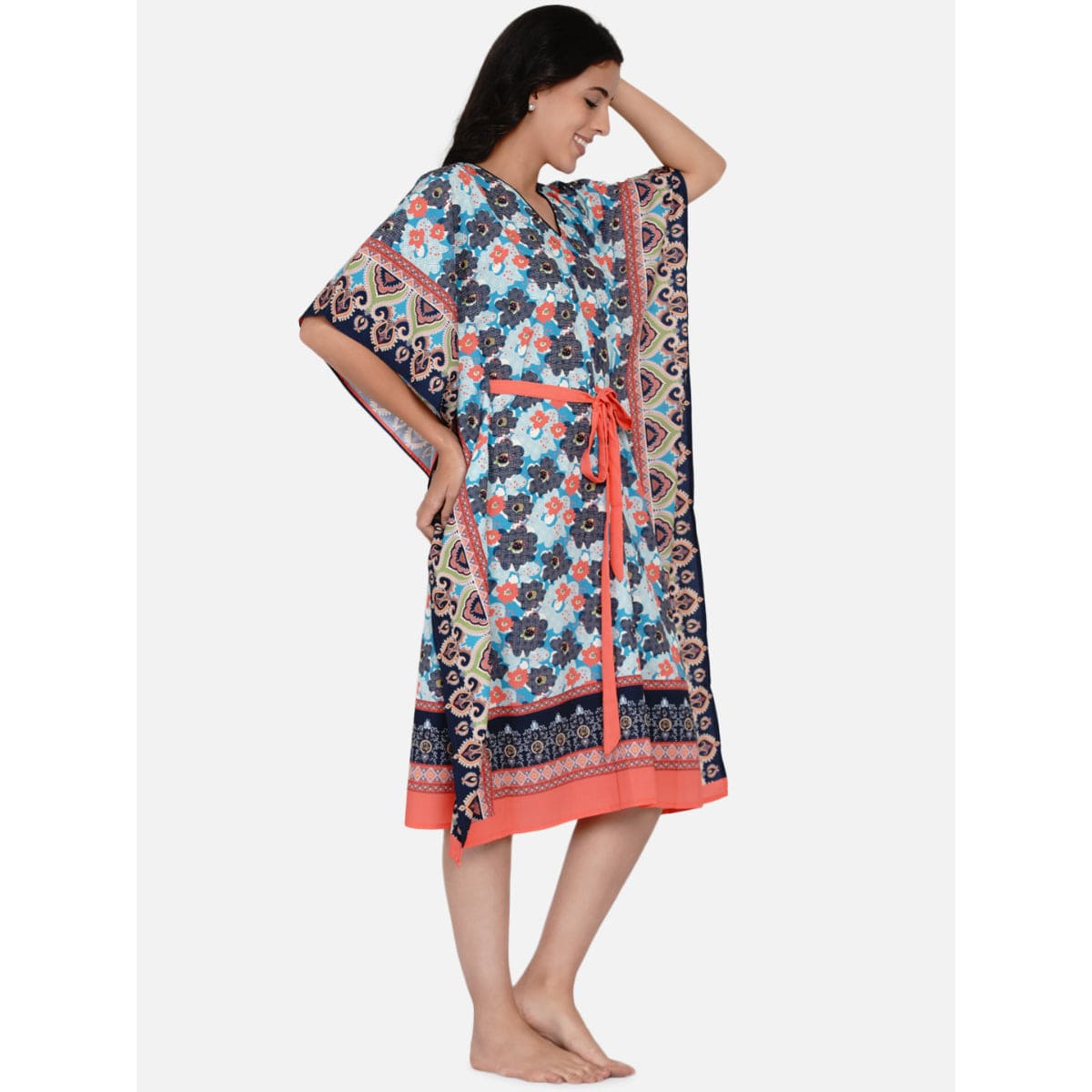 The Kaftan Company Kaftan Blue and Red Paneled Floral Print Kaftan - (Clearance - Final Sale)