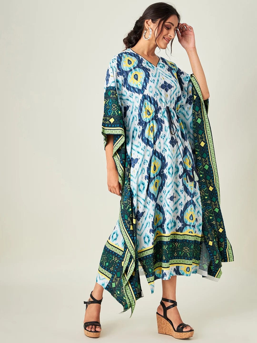 The Kaftan Company Kaftan Blue And White Ikkat Resort Dress