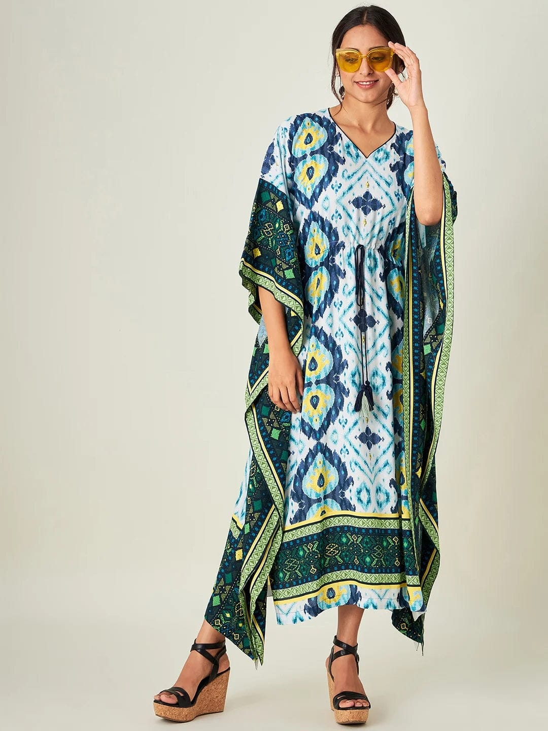 The Kaftan Company Kaftan Blue And White Ikkat Resort Dress