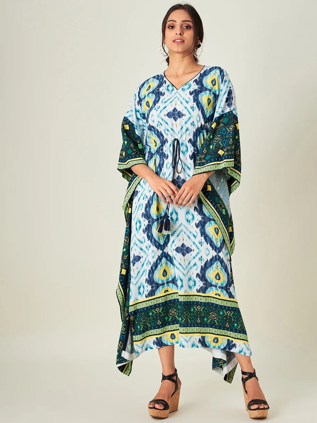 The Kaftan Company Kaftan Blue And White Ikkat Resort Dress