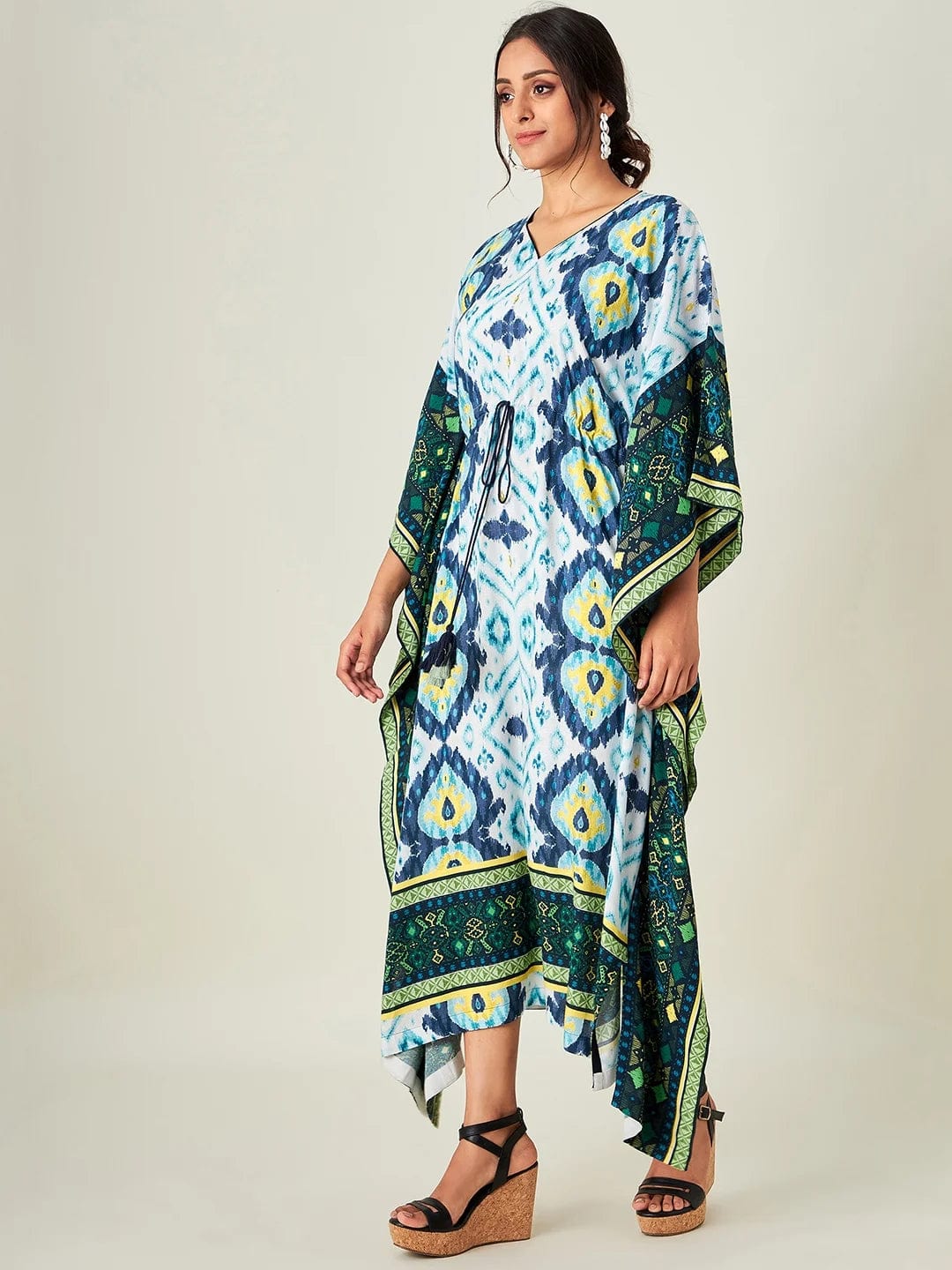 The Kaftan Company Kaftan Blue And White Ikkat Resort Dress