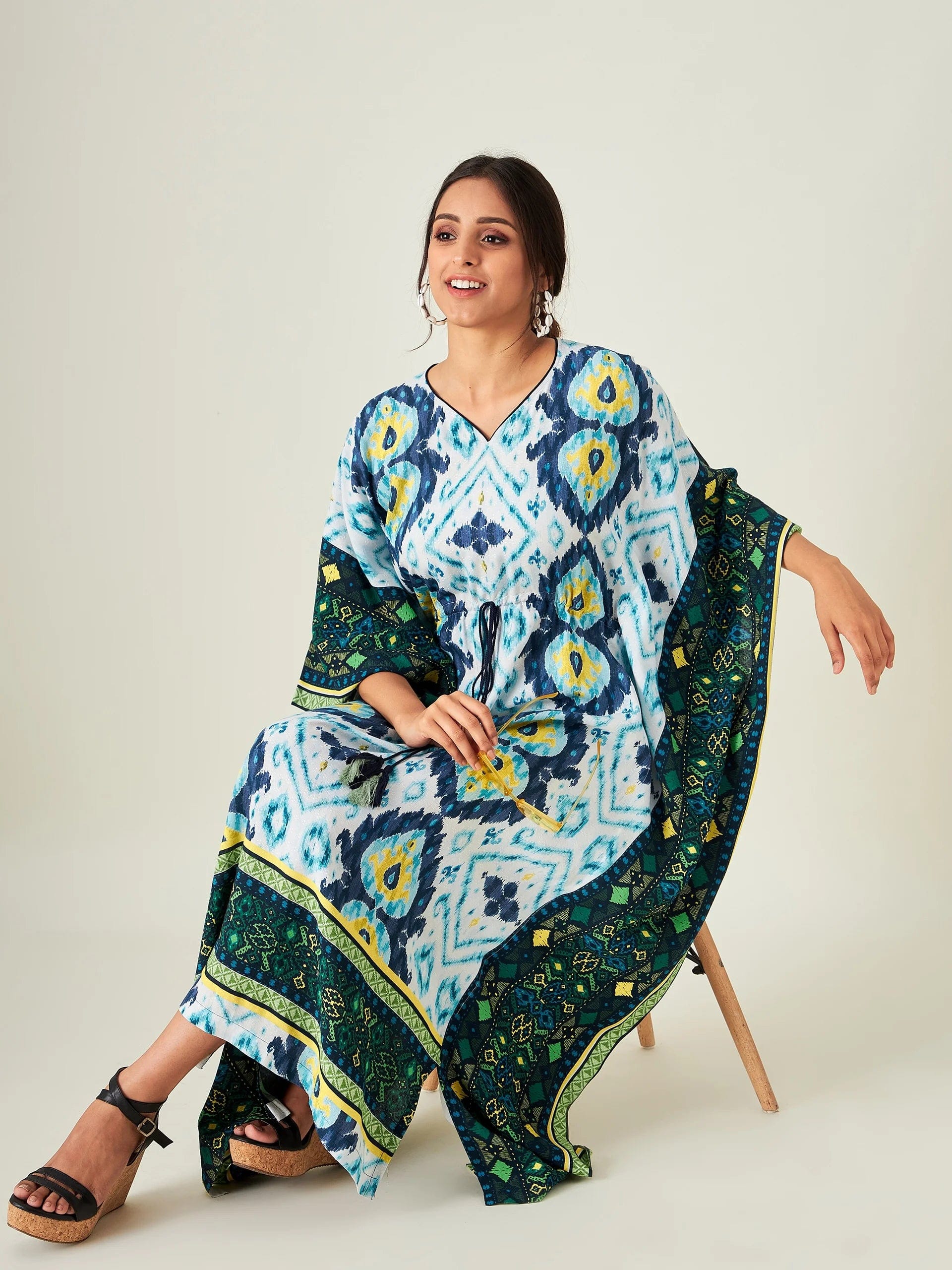 The Kaftan Company Kaftan Blue And White Ikkat Resort Dress