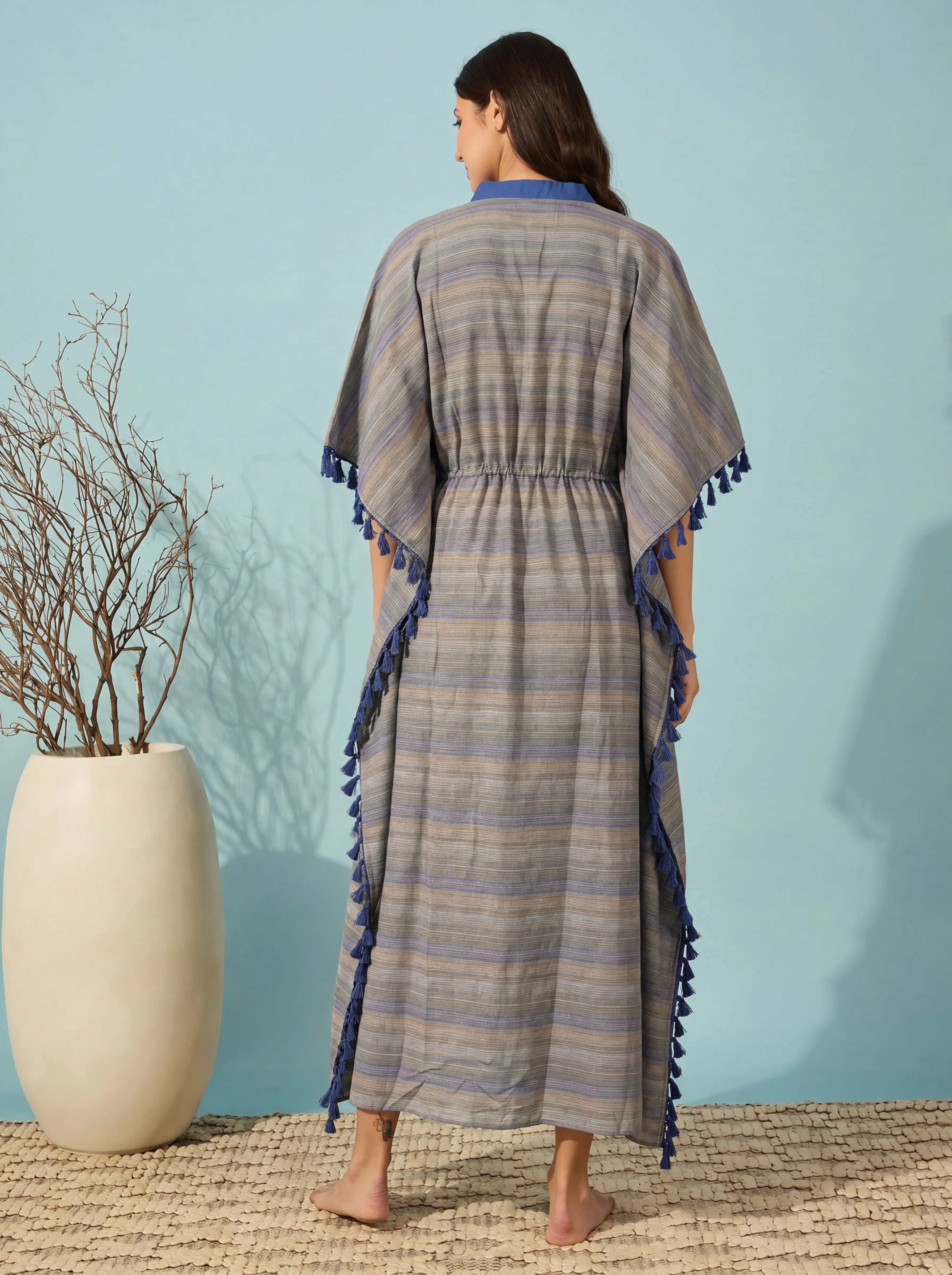 The Kaftan Company Kaftan Blue & Beige Striped Handloom Cotton Kaftan with Tassel Trim