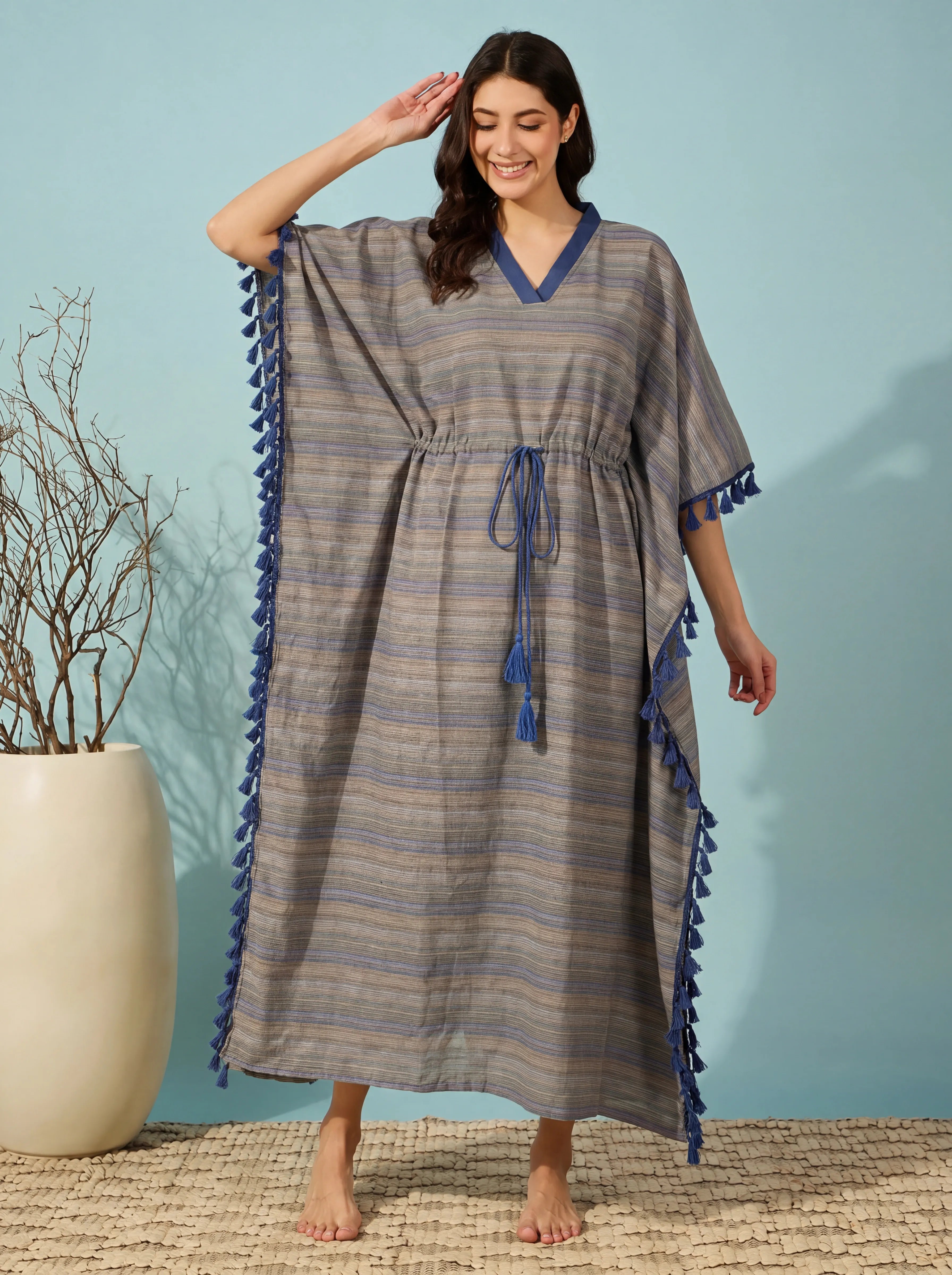 The Kaftan Company Kaftan Blue & Beige Striped Handloom Cotton Kaftan with Tassel Trim