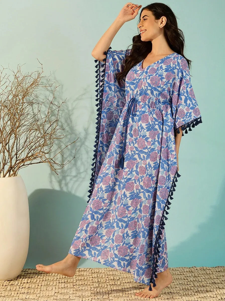 The Kaftan Company Kaftan Blue Floral Cotton Kaftan with Pom-Pom Trim and Waist Tie