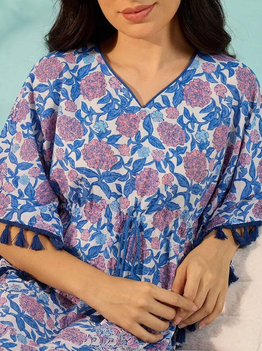 The Kaftan Company Kaftan Blue Floral Cotton Kaftan with Pom-Pom Trim and Waist Tie