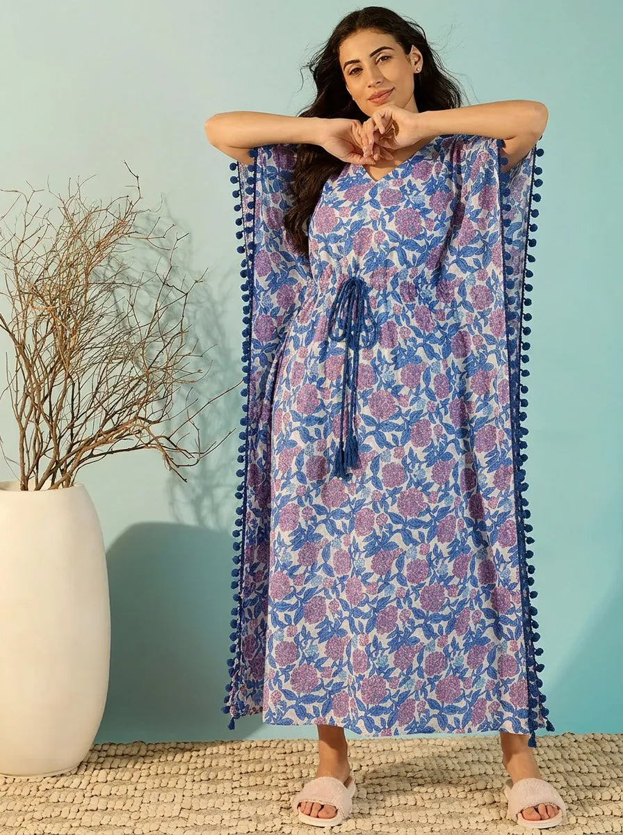 The Kaftan Company Kaftan Blue Floral Cotton Kaftan with Pom-Pom Trim and Waist Tie