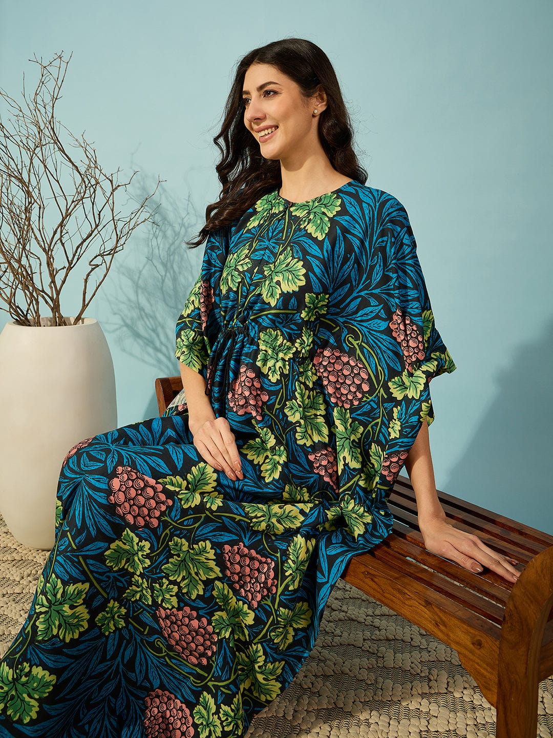 The Kaftan Company Kaftan Blue Floral Super Soft Maternity and Feeding Kaftan