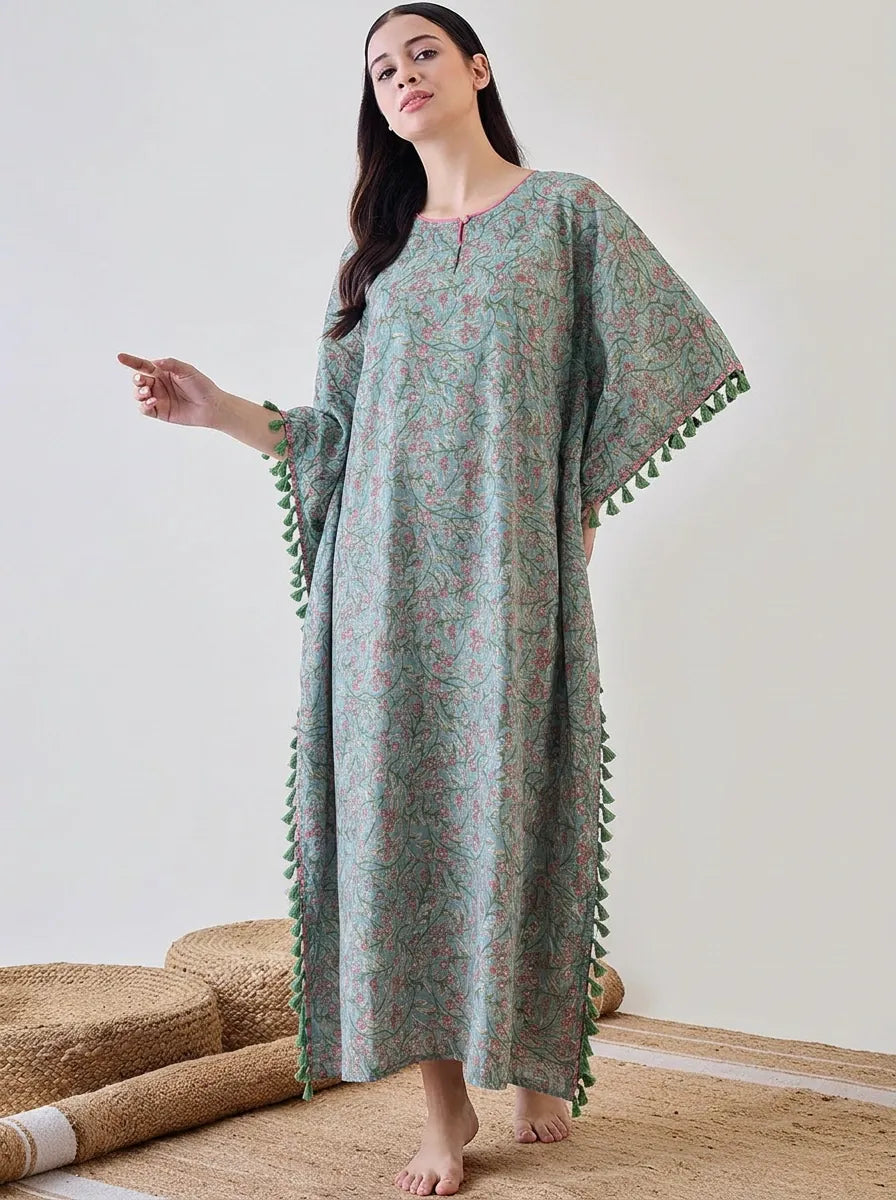 The Kaftan Company Kaftan Blue Floral Tassel Pom Pom Lace Embellished Cotton Kaftan Nightdress