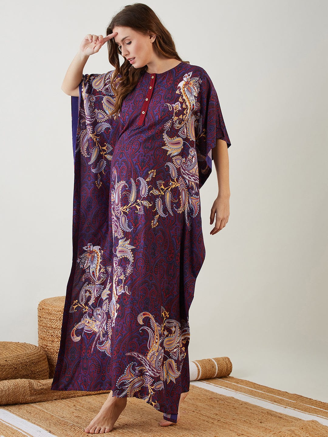 The Kaftan Company Kaftan Blue Printed Paisley Maternity and Nursing Kaftan