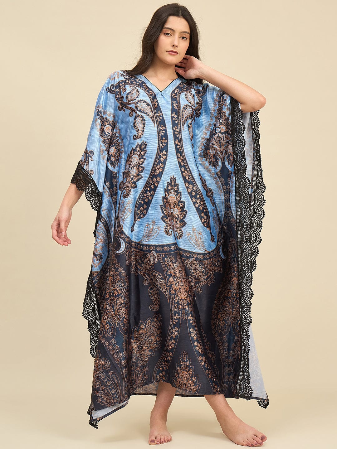 The Kaftan Company Kaftan Blue Satin Kaftan Nightdress with Paisley Print & Lace Trim
