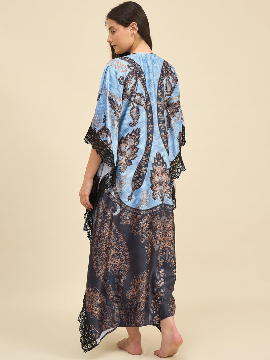 The Kaftan Company Kaftan Blue Satin Kaftan Nightdress with Paisley Print & Lace Trim