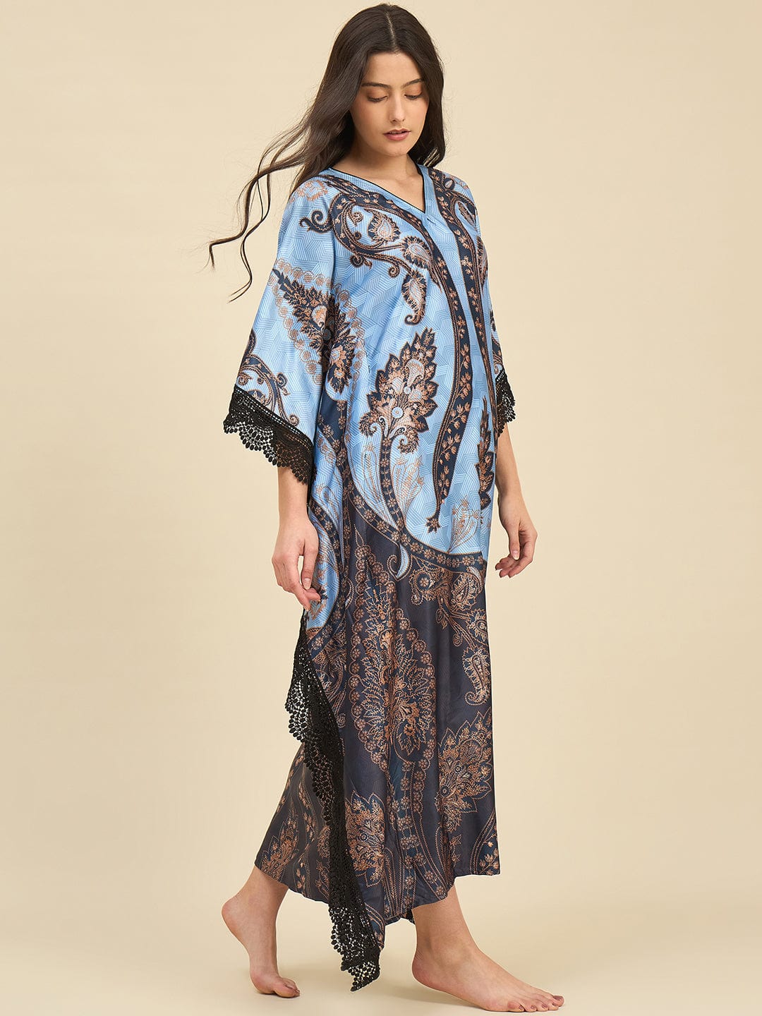 The Kaftan Company Kaftan Blue Satin Kaftan Nightdress with Paisley Print & Lace Trim