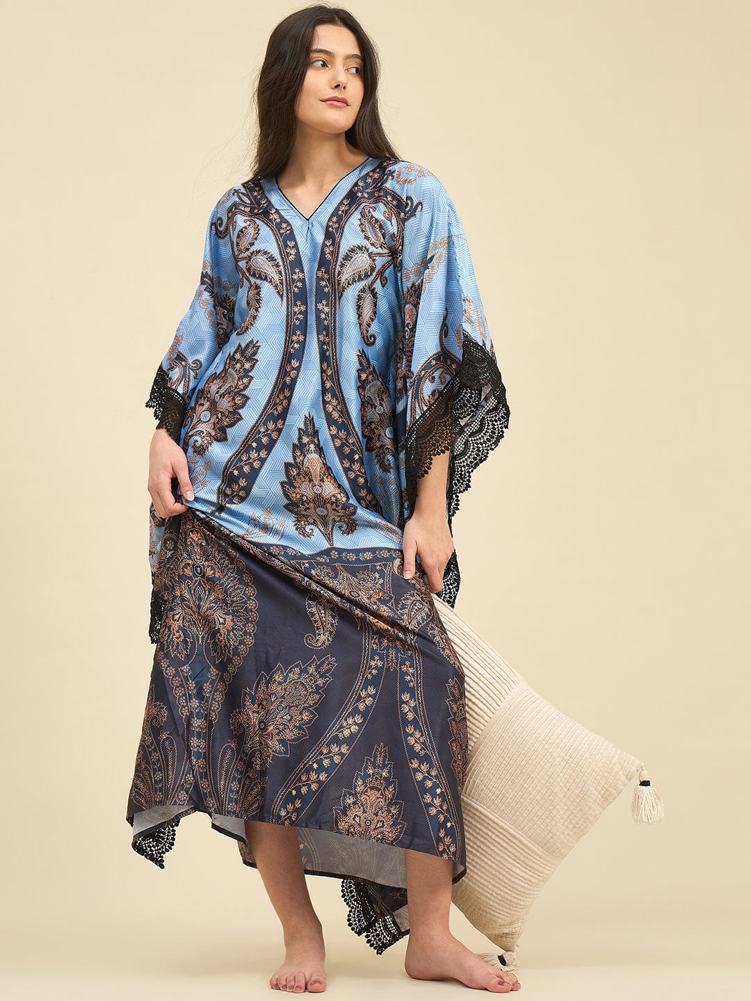 The Kaftan Company Kaftan Blue Satin Kaftan Nightdress with Paisley Print & Lace Trim