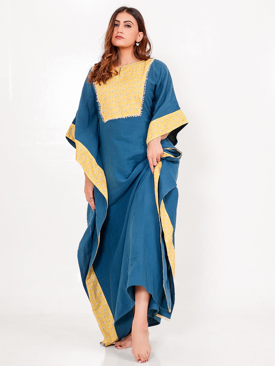 The Kaftan Company Kaftan Blue Yellow Floral Cotton Maxi Kaftan with Pockets