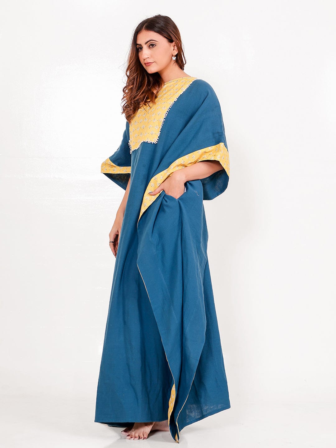 The Kaftan Company Kaftan Blue Yellow Floral Cotton Maxi Kaftan with Pockets
